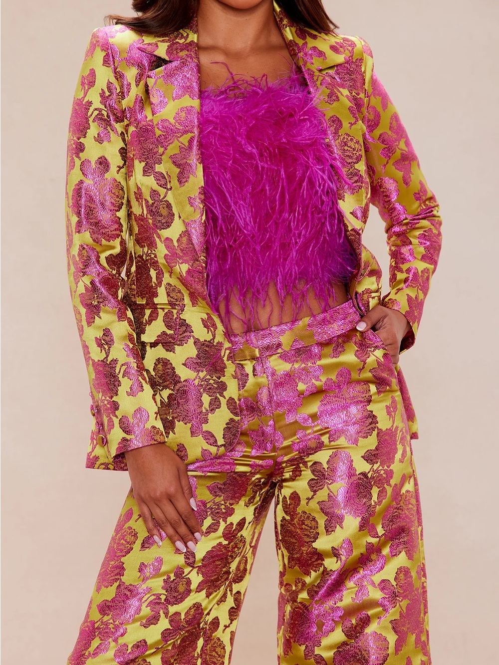 Fashion Nova Metallic Pink Floral Jacquard Pantsuit, Neon Yellow With Pink